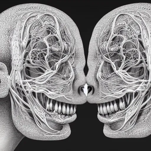 Image similar to a pair of human head with a heart shape in the middle of it, a computer rendering by Alex Grey, by Earnst Haeckel, featured on zbrush central, psychedelic art, lovecraftian, fractalism, zbrush