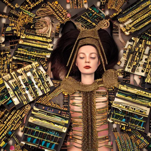 Image similar to tapping in to something greater, piles of modular synth cables, goddess laying down wearing a headpiece made of circuit boards in a photo shoot for balenziaga, wlop, stanley kubrick, masamune, hideki anno, unique perspective, eastman color, perfect details, trending on artstation, 3 d render, smooth render