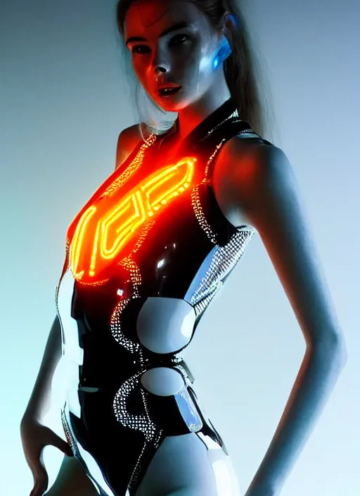 Prompt: a beautiful female humanoid with freckles cheeks, cyber neon lighting, retro futurism, intricate futuristic jewelry, retro futuristic glossy latex suit, transparent plastic sleeveless vest, profile posing, hyper photorealistic, crispy quality, digital photography, trending in artstation, trending in pinterest, cinematic, 4 k ultra hd, art by pascal blanche, art by greg rutkowski,