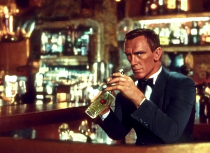 Image similar to a still from a 007 film, with James Bond sitting at a bar drinking from a juicebox