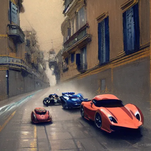 Image similar to a beautiful picture of a car race in the streets of monaco by greg rutkowski and theophile - alexandre steinlen trending on artstation