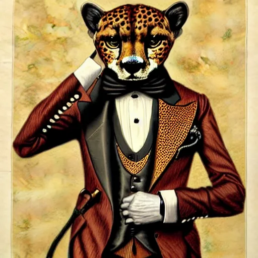 Prompt: A portrait of a steampunk anthropomorphic cheetah wearing a suit in a palace by James Gurney. Highly detailed; incredibly beautiful.