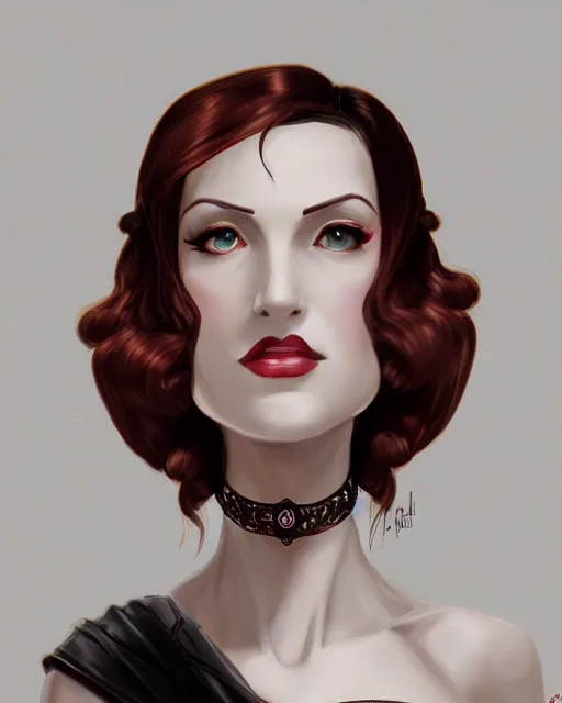 Image similar to portrait of lady dimitrescu from resident evil village, art deco style, beautiful, elegant, mesmerizing, concept art, highly detailed, smooth, fantastical, artstation, deviantart, trending, by tamara de lempick, sana takeda