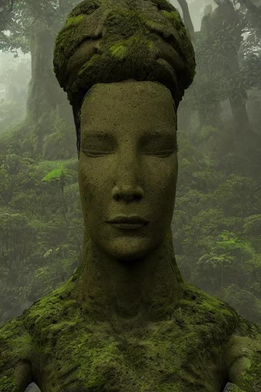 Prompt: giant stone statue of a goddess head, mossy stone, deep jungle, octane render, unreal engine, trending on artstation, ultra detailed, realistic, cinematic lighting, astmopheric, 8 k