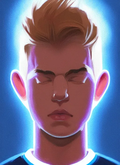 Image similar to portrait of high school senior boy named big moose, blonde short hair, jock, beefy, wide face, square jaw, square facial structure, blue varsity jacket with letter r, intricate, elegant, glowing lights, highly detailed, digital painting, artstation, concept art, sharp focus, illustration, art by wlop, mars ravelo and greg rutkowski