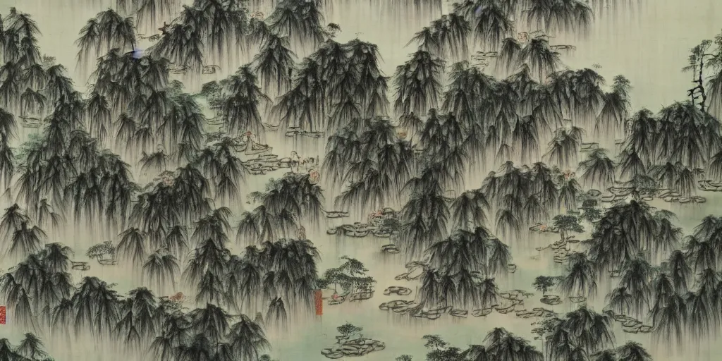 Image similar to The courtyard is like stagnant water and empty, with algae and cypresses in the water, covered with bamboo and cypress shadows, Chinese style painting