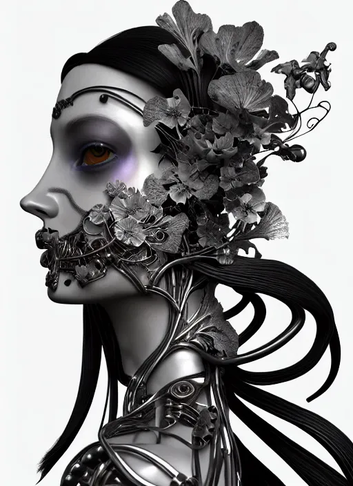 Image similar to black and white 3 d model, biomechanical female cyborg with porcelain profile face and a big floral eye, big leaves foliage and stems, morning glory flowers, hibiscus flowers, boho floral vines, sinuous fine roots, fine filigree foliage lace, alexander mcqueen, rim light, art nouveau fashion pearl embroidered, steampunk, redshift render, 8 k