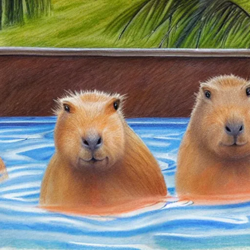 Prompt: pencil sketch of four capybaras in hot tub, realistic, shaded