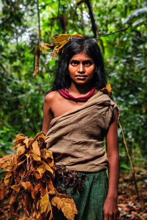 Image similar to a professional photo of a sri lankan jungle girl, black hair, gatherer, covered in leaves, extremely high fidelity. key light.