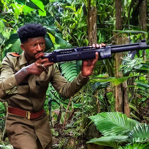 Image similar to 2 1 savage in vietnam in a jungle with a gun in like an old vienam war movie