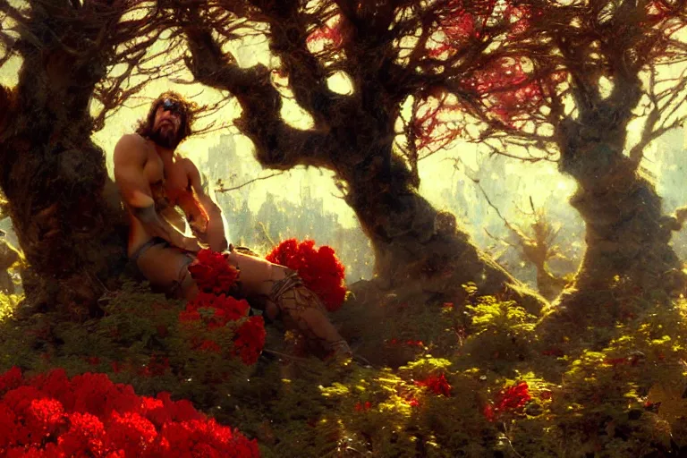 Prompt: winter, a male warrior relaxing under a huge tree with red flowers, sun shining on him, god ray, ground covered with snow, fantasy, painting by gaston bussiere, craig mullins, j. c. leyendecker, trending on artstation