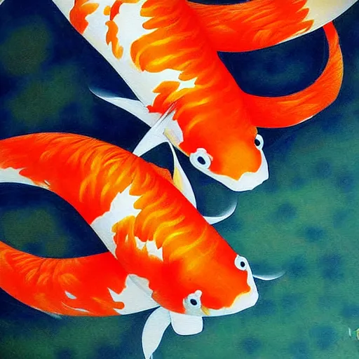 Prompt: two koi, detailed painting by wayne pruse