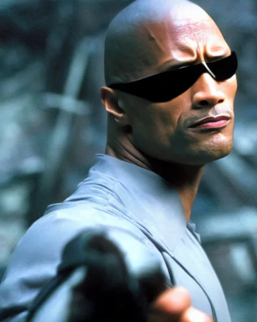 Prompt: film still close up shot of dwayne johnson as morpheus from the movie the matrix. photographic, photography