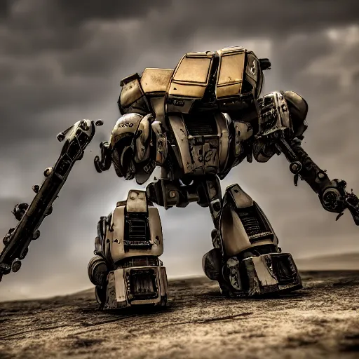 Image similar to centurion battle mech, battle damaged, shallow depth of field, moody lighting, 8 k,