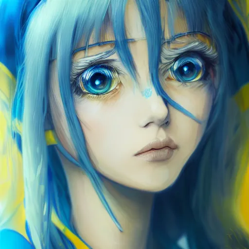 Image similar to a portrait of anime ukrainian blue and yellow girl, concept art, trending on artstation, highly detailed, intricate, sharp focus, digital art, 8 k