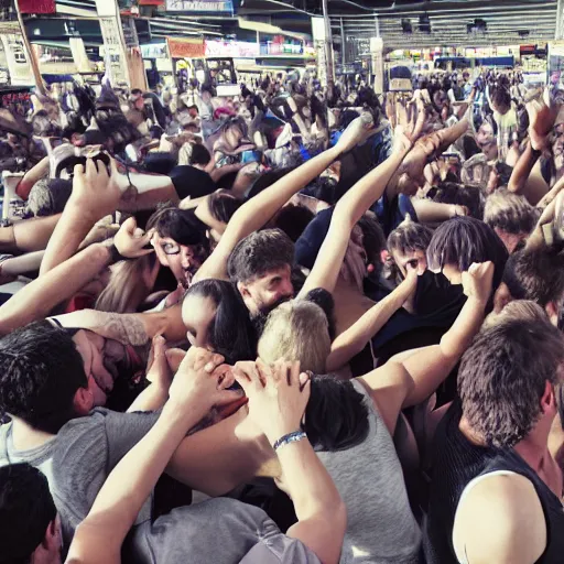 Prompt: a mosh pit in an empty Walmart parking lot