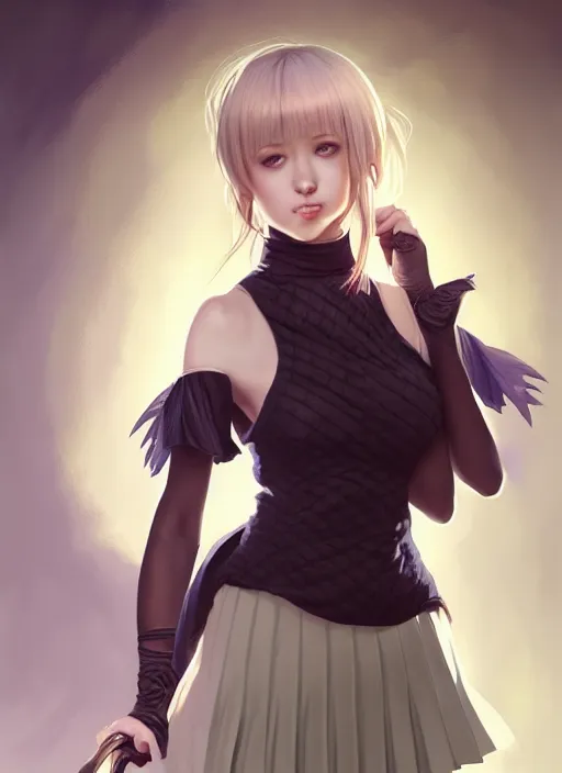 Image similar to portrait of a full body of beautiful young female detective, d & d, sleeveless turtleneck, pleated skirt, fantasy, flat lighting, intricate, highly detailed, digital painting, artstation, concept art, smooth, sharp focus, illustration, misa amane, art by simon bisley and greg rutkowski and alphonse mucha, natural tpose