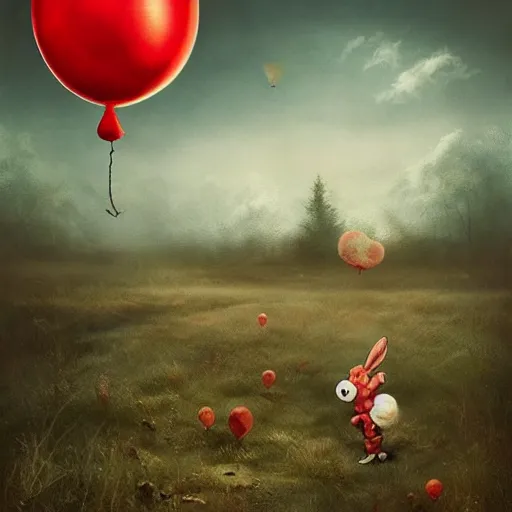 Image similar to grunge surrealism cartoon landscape painting of a cartoon bunny and a red balloon by - michal karcz, loony toons style, pennywise style, horror theme, detailed, elegant, intricate