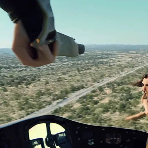 Prompt: view from helicopter screenshot of gal gadot running from the cops motion blur view from helicopter