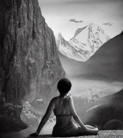 Prompt: tattoo design of beautiful woman against a background of beautiful mountains and nature, in the style of den yakovlev, black and white, hyper realistic, highly detailed