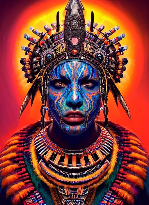 Image similar to portrait of jensen ackle, hyper detailed ultra sharp aztec shaman warrior. trending on artstation, warpaint aesthetic, bloodwave, colorful, psychedelic, ornate, intricate, digital painting, concept art, smooth, sharp focus, illustration, art by artgerm and greg rutkowski and h. r. giger, 8 k