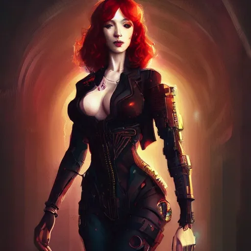 Image similar to christina hendricks in a cyberpunk, intricate, elegant, highly detailed, digital painting, artstation, concept art, smooth, sharp focus, illustration, art by artgerm and greg rutkowski