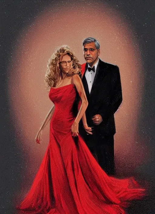 Image similar to portrait of george clooney wearing a formal black suit and kim basinger wearing a red dress in love, intricate, elegant, glowing lights, highly detailed, digital painting, artstation, glamor pose, concept art, smooth, sharp focus, illustration, art by wlop and greg rutkowski