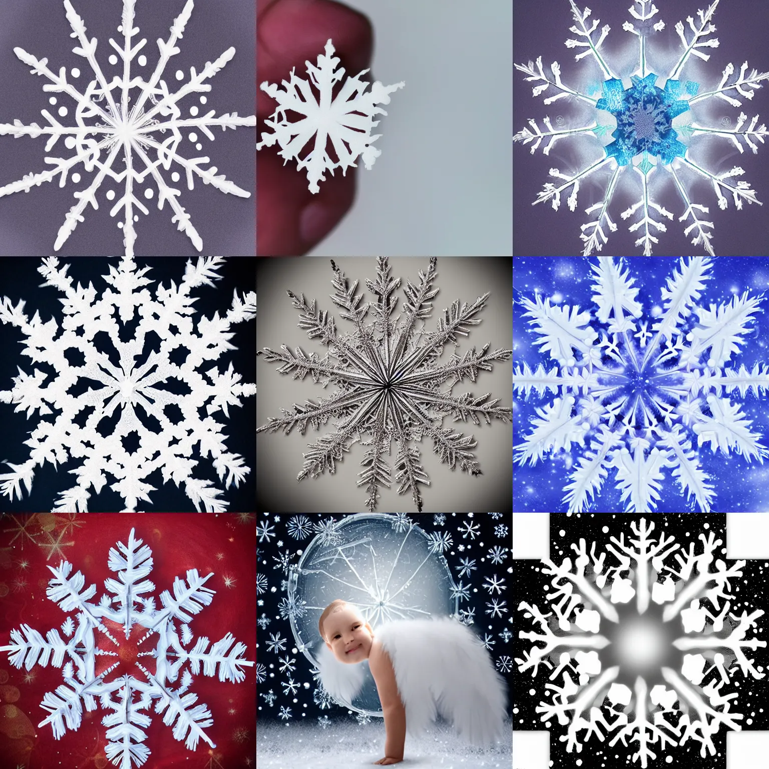 Prompt: surreal photography silk snowflake with a tiny angelic face