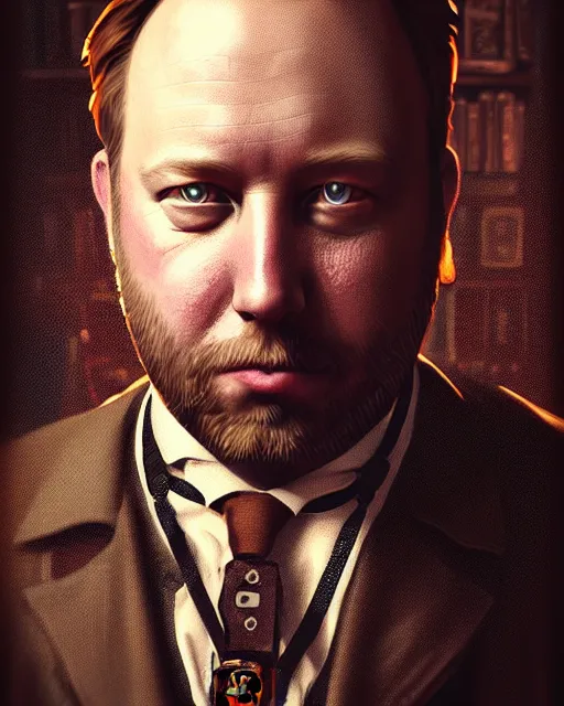 Image similar to steampunk portrait of infowars's alex jones, au naturel, hyper detailed, digital art, trending in artstation, cinematic lighting, studio quality, smooth render, unreal engine 5 rendered, octane rendered, art style by klimt and nixeu and ian sprigger and wlop and krenz cushart.