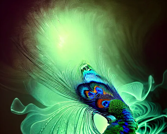 Prompt: rorschach test, peacock. intricate, centered, amazing composition by amano yoshitaka, by rembrandt, illustrious makinami, digital art, digital painting, artstation trending, unreal engine, fractal flame, transparent jellyfish, transparent feathers, bio luminescent, ice, water, gloomy