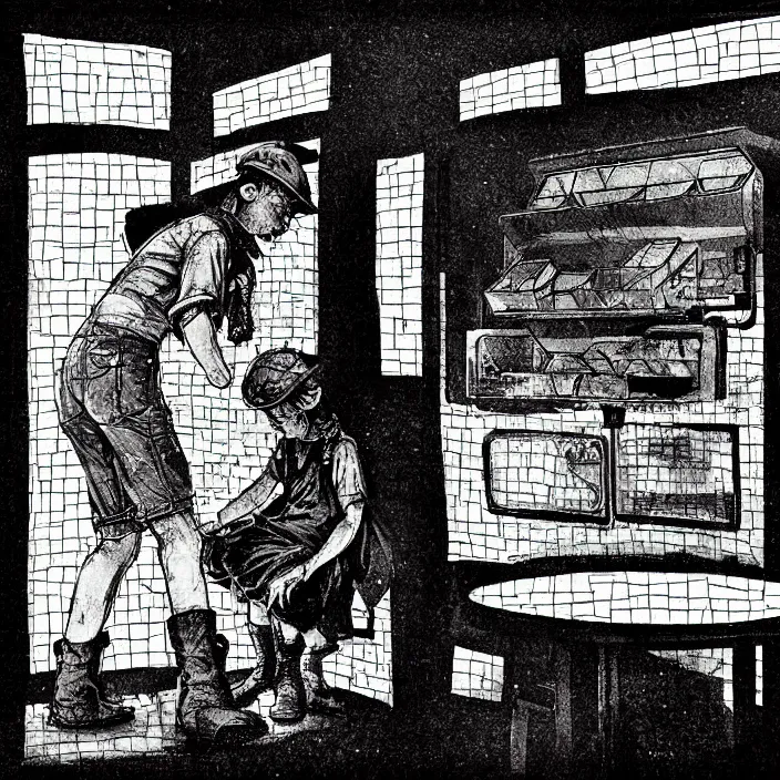 Image similar to sadie sink as a coal miner : eats bread at a table. inside a dirty automated kiosk. bright tasty food options displayed on a wall. black tiles on walls. black and white, pencil and ink. by gabriel hardman, joe alves, chris bonura. cinematic atmosphere, detailed and intricate, perfect anatomy