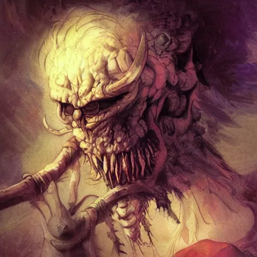 Prompt: the scariest monster in all the land, digital painting, masterpiece by rembrandt and thomas kinkade and frank frazetta and kentaro miura, by reiq and tite kubo, stylized yet realistic faces and anatomy, advanced lighting technology, beautiful, gorgeous brush strokes