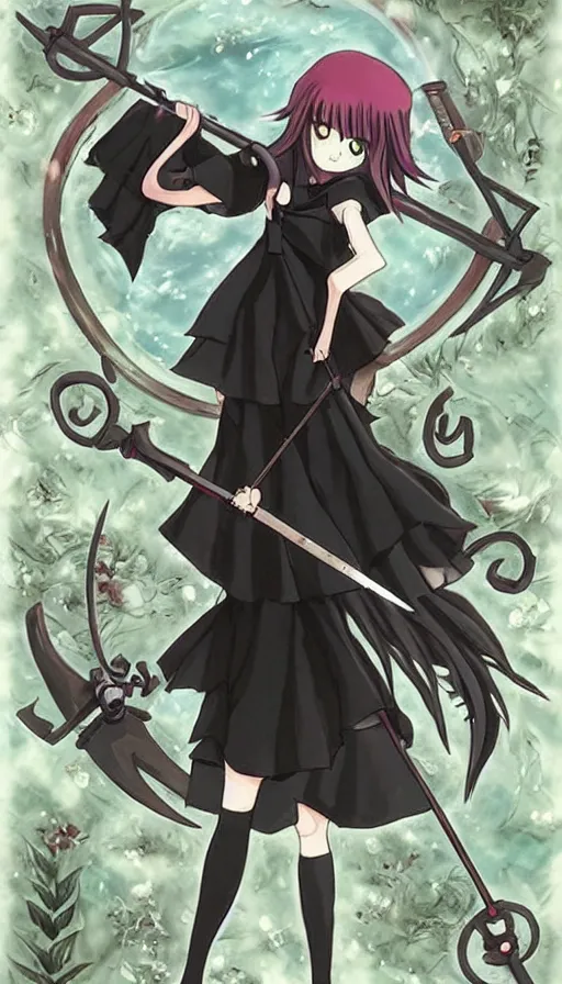 Image similar to the being death as a cute anime girl with a giant cute scythe from a studio ghibli film inspired by the death tarot card, dark ambiance