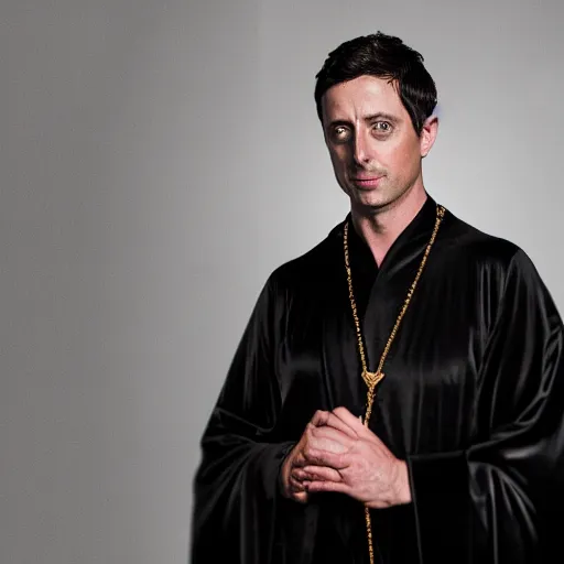 Image similar to mathew goode wearing black robe and golden necklace cinematic photoshoot high quality highly affordable photo realistic 8 k hd