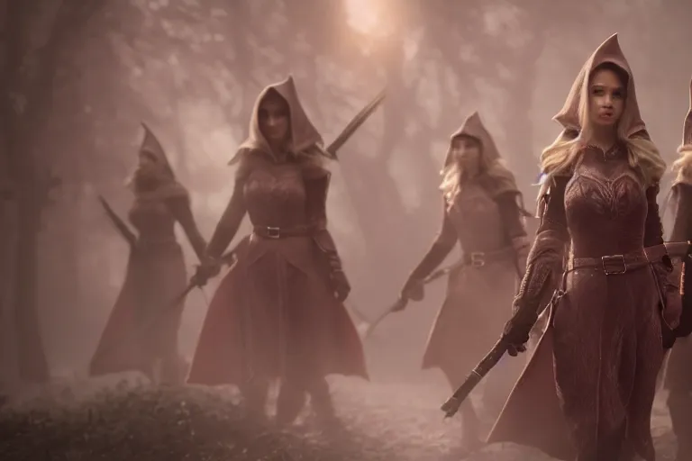 Image similar to a cinematic photograph of three female elf warriors, 8 k, ultra realistic, dramatic lighting, real faces, mist