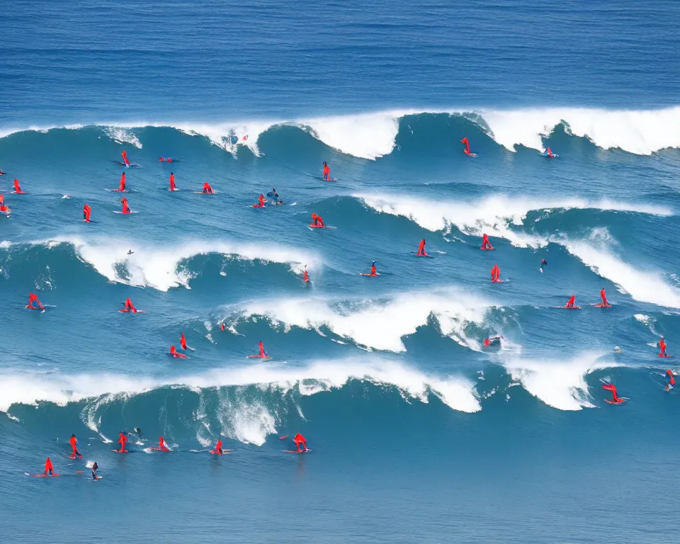 Image similar to worshippers in blue wetsuits belonging to the cult of the surfers, surfing in waves, standing on surfboards, surfing in the face of a tsunami, high detailed colors, bright deep blue