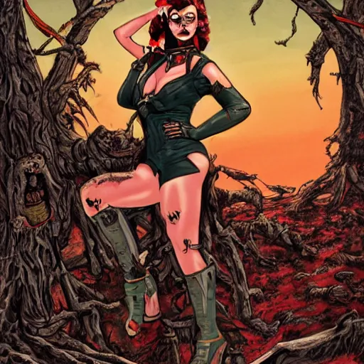 Prompt: zombie mech christina ricci pinup, art by michael miller