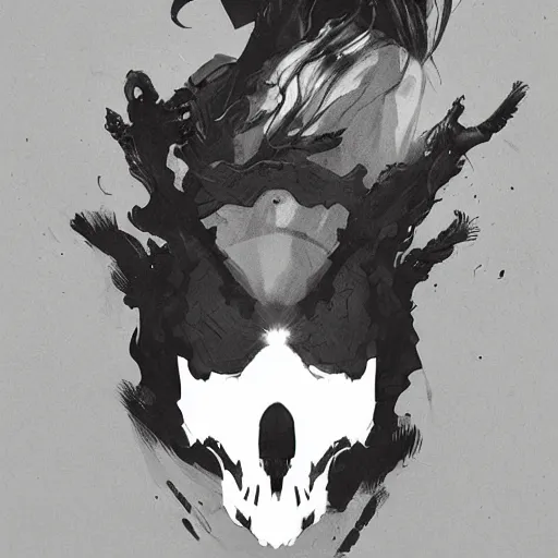 Prompt: portrait of a character wearing a black cloak, with a white mask in the shape of an animal skull, the mask covers her entire face, dramatic lighting, illustration by Greg rutkowski, yoji shinkawa, 4k, digital art, concept art, trending on artstation