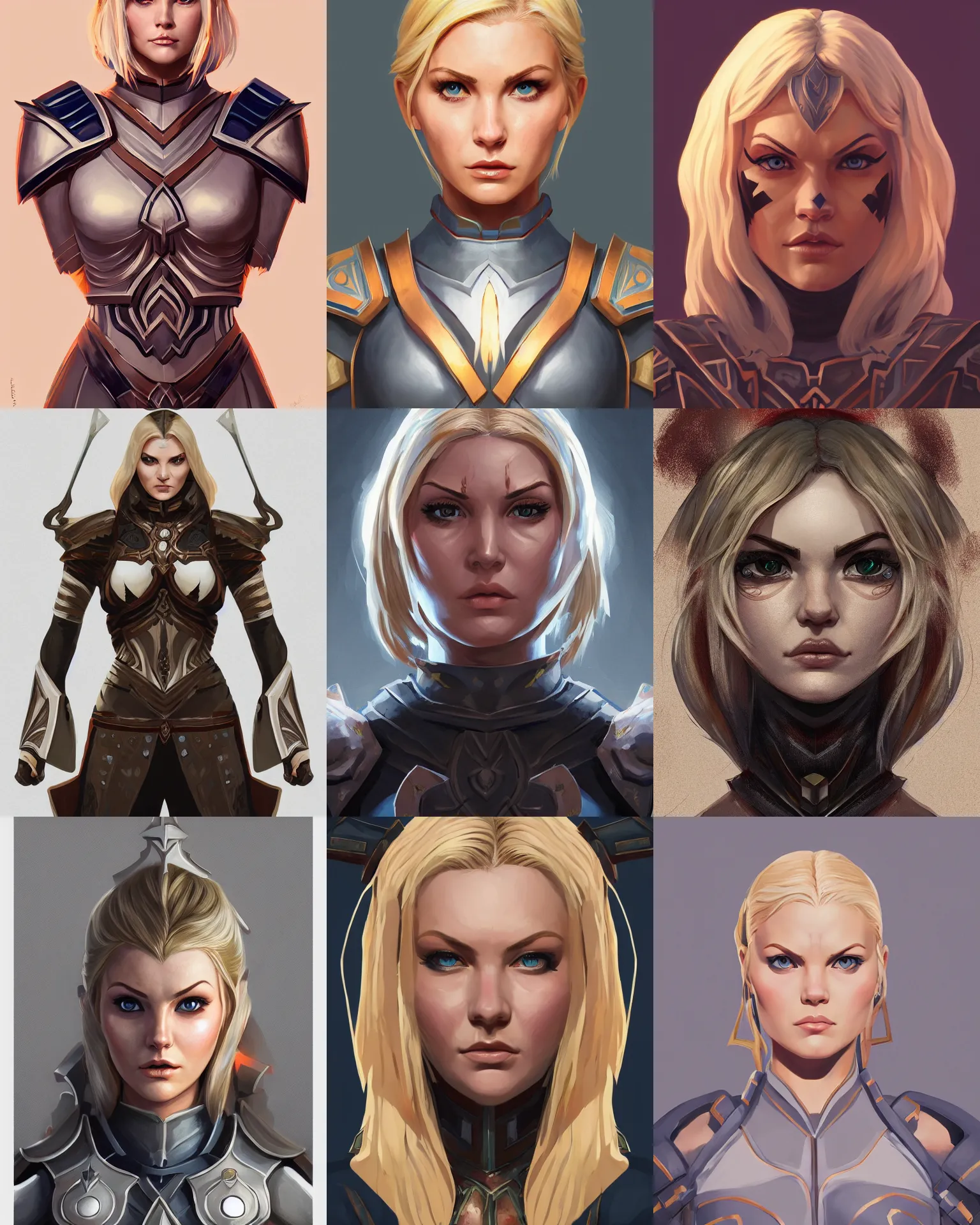 Prompt: front facing symmetrical centered painted portrait, just one head, Elisha Cuthbert as a D&D Paladin, RPG character avatar, RPG concept art, global illumination lighting, trending on artstation, by ROSSWORKS and ilya kuvshinov and Dreamworks and Pixar