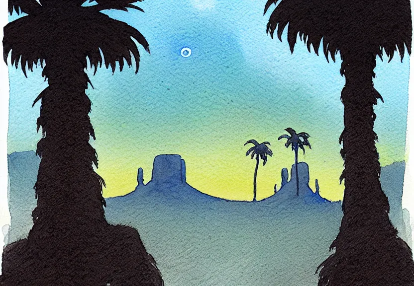 Image similar to a simple watercolor fantasy concept art of a dark grey boxy ufo next to a palm tree at night in monument valley. by studio ghibli, rebecca guay, michael kaluta, charles vess