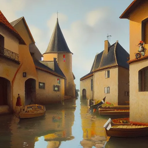 Prompt: A detailed oil painting of a beautiful French village by Michiel Schrijver, Greg Rutkowski, isometric, pastel colors