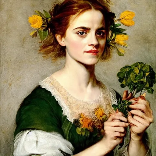 Image similar to Emma Watson wearing green tunic holding a flower. Painted by Rubens, high detail