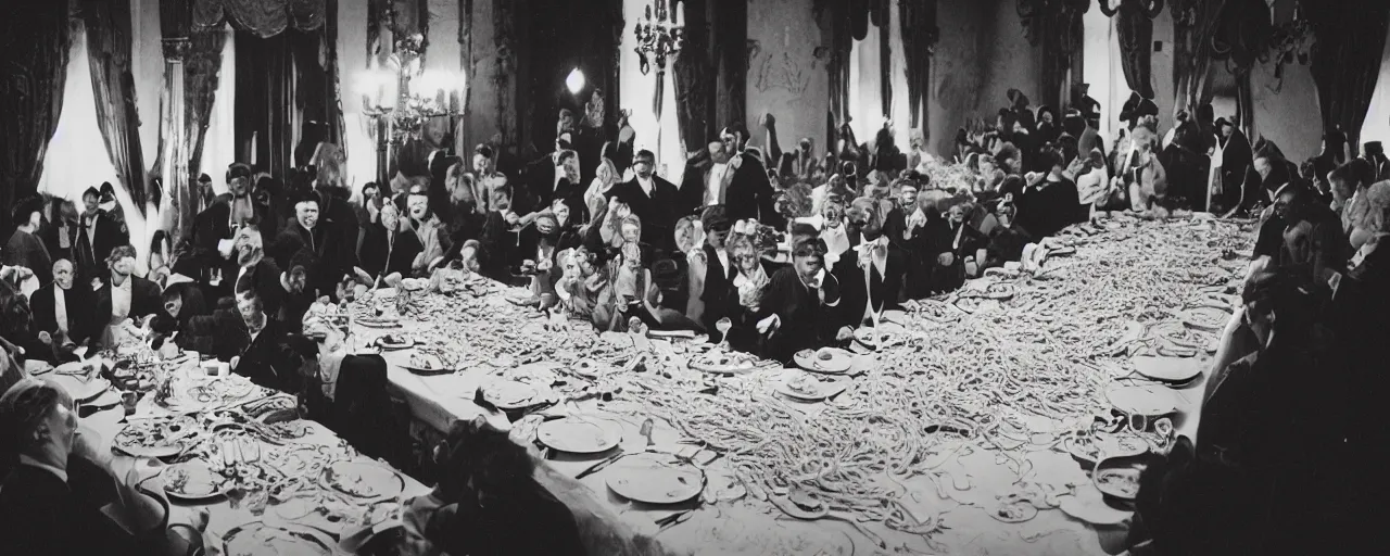 Image similar to a long banquet table covered in spaghetti, victorian era, excited guests, detailed expression, canon 5 0 mm, cinematic lighting, photography,, film, kodachrome