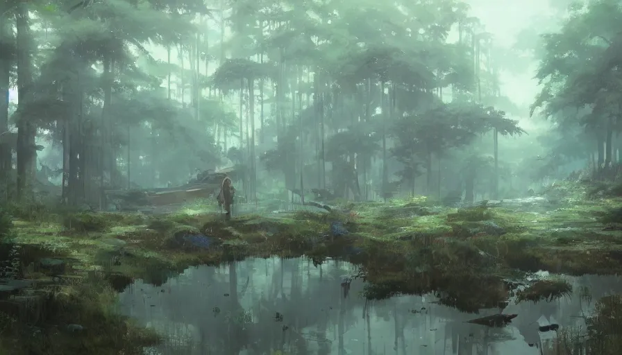 Image similar to a swampy environment, trending on pixiv fanbox, painted by greg rutkowski makoto shinkai takashi takeuchi studio ghibli