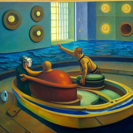 Image similar to giant bathysphere interior, portholes, scuba divers, grant wood, pj crook, edward hopper, oil on canvas