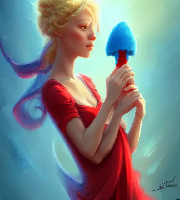 Prompt: cute female smurf, perfect face, red sundress, blonde hair, cinematic, stunning, elegant, highly detailed, psychedelic, digital painting, artstation, smooth, hard focus, illustration, art by jessica rossier and and brian froud