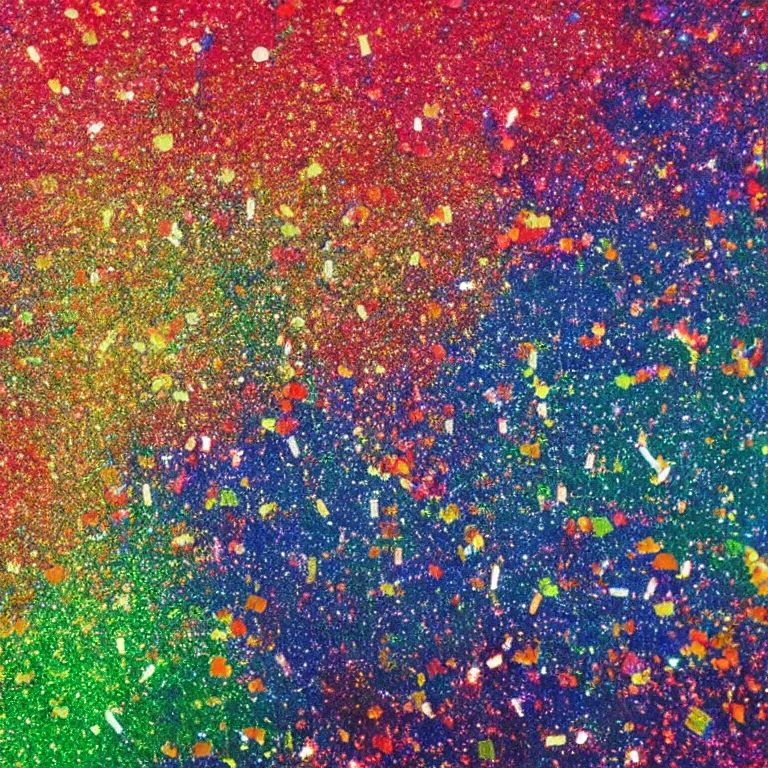 Prompt: huge explosion with mushroom cloud, birds eye view, glitter, paint splatters, fireflies, small group of people get covered in paint and glitter