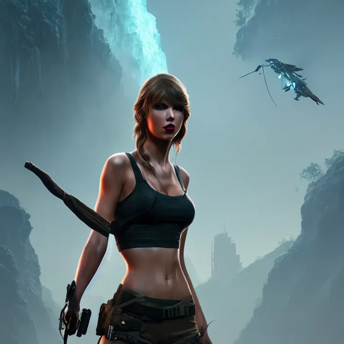 Prompt: taylor swift as lara croft. intricate abstract. intricate artwork. by tooth wu, wlop, beeple, dan mumford. octane render, trending on artstation, greg rutkowski very coherent symmetrical artwork. cinematic, hyper realism, high detail, octane render, 8 k, iridescent accents