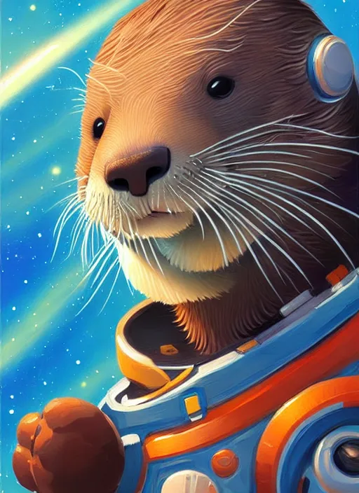 Image similar to a portrait of a cute otter in a space suit, galaxy, detailed, artstation, painting by rhads