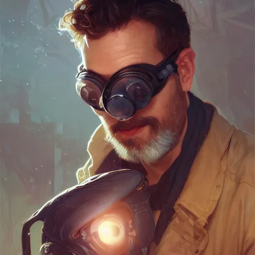 Image similar to an inventor, goggles on forehead, thin beard, d & d, fantasy, intricate, cinematic lighting, highly detailed, digital painting, artstation, concept art, smooth, sharp focus, illustration, art by artgerm and greg rutkowski and alphonse mucha